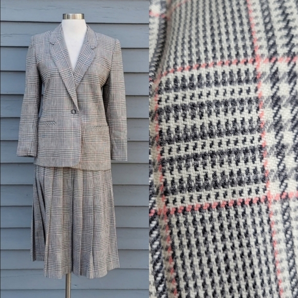 Vintage 90s Talbots Pink Gray Herringbone Glen Plaid Skirt Blazer Suit Set Sm - Picture 1 of 9